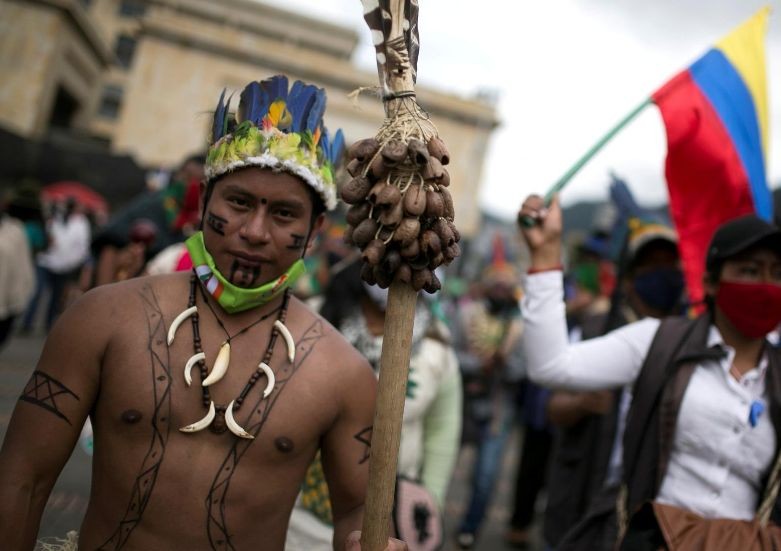 A Colombian indigenous man participates in a protest against Colombia's President Ivan Duque's policies, during an indigenous meeting called "Minga" in Bogota, Colombia October 21, 2020. REUTERS/Luisa Gonzalez TPX IMAGES OF THE DAY